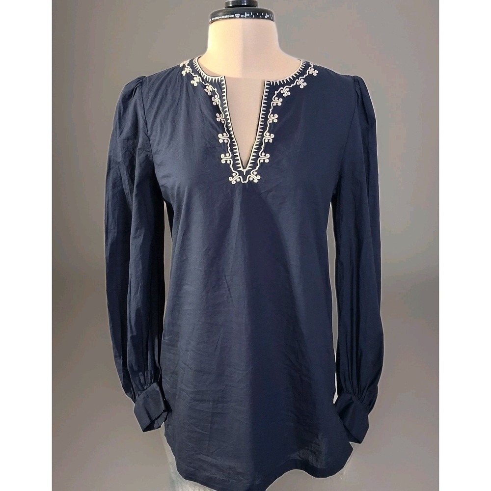 Le Sirenuse Positano Womens Blouse Sz 38‎ Navy Puff Sleeve Embroidered  Boho